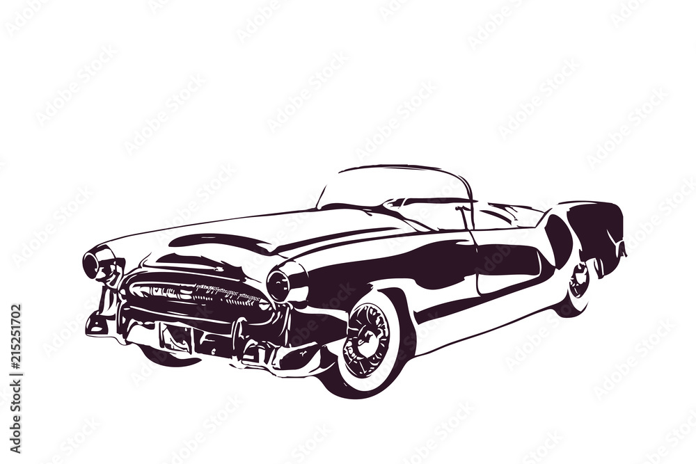 An Outline Vector Illustration Art of A Classic Sport Car in Monotone or Monochrome Color on White Background.
