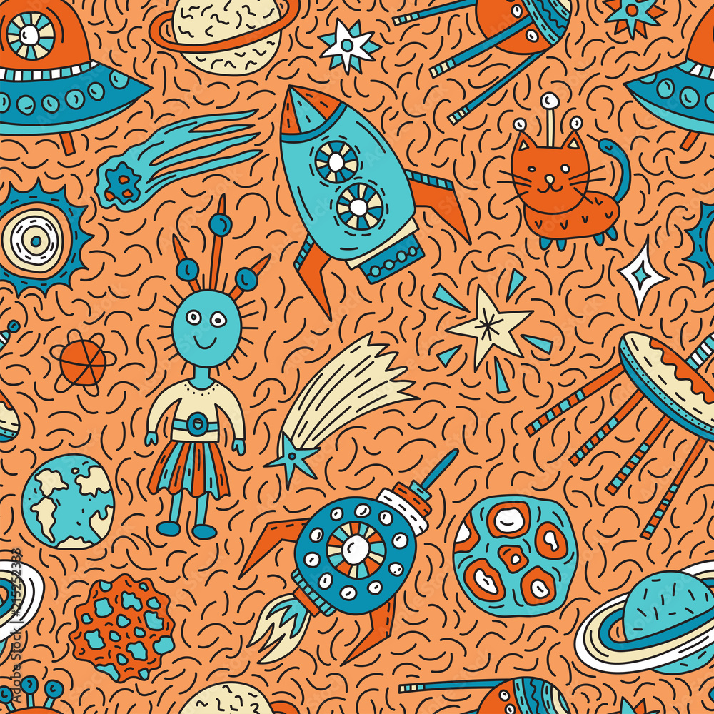 Naklejka premium Seamless pattern with funny cartoon space elements