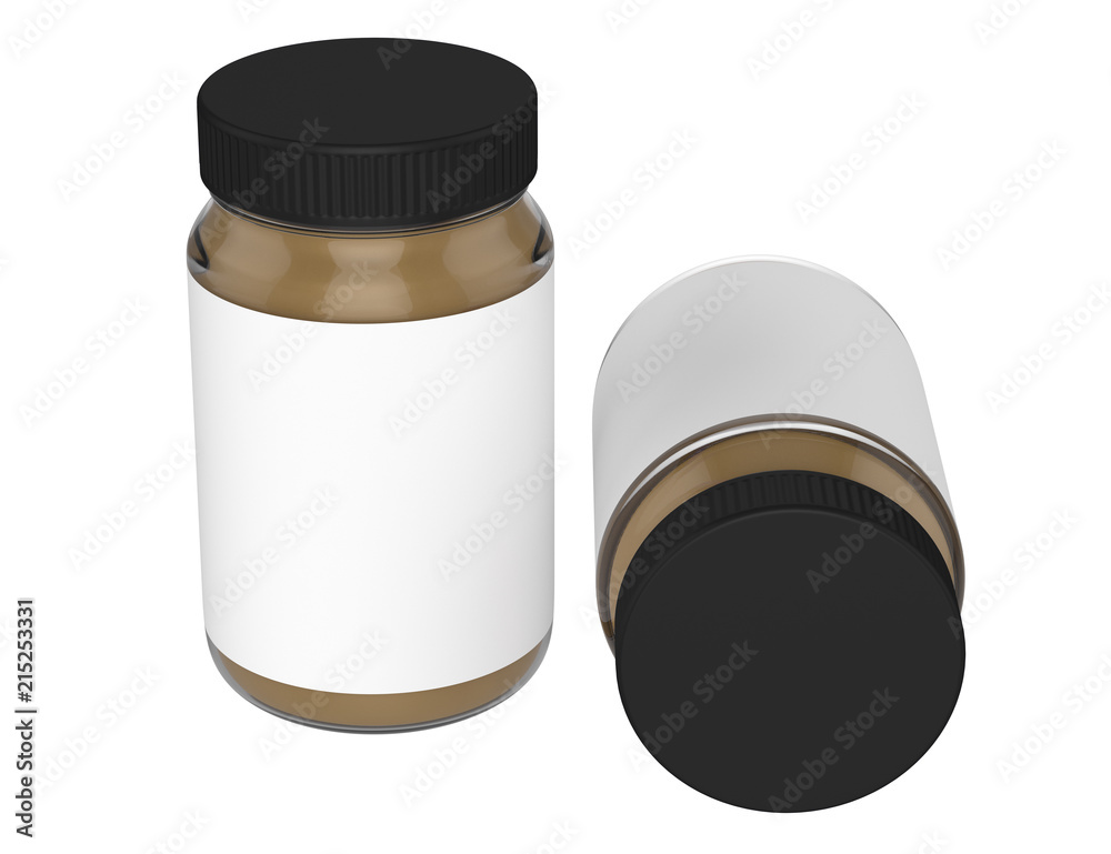 3D realistic render of peanut Butter on white background. Black lid. Empty label. Clipping path.