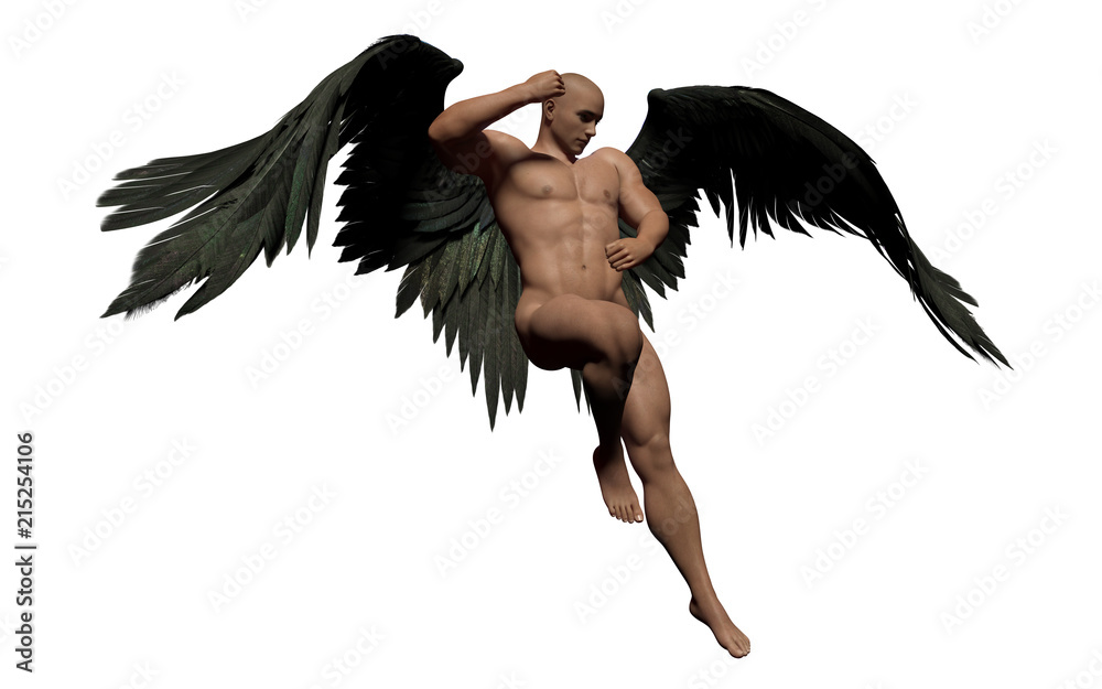 Obraz premium 3d Illustration Demon Wings, upierzenie czarne skrzydło na białym tle na białym tle ze ścieżką przycinającą.