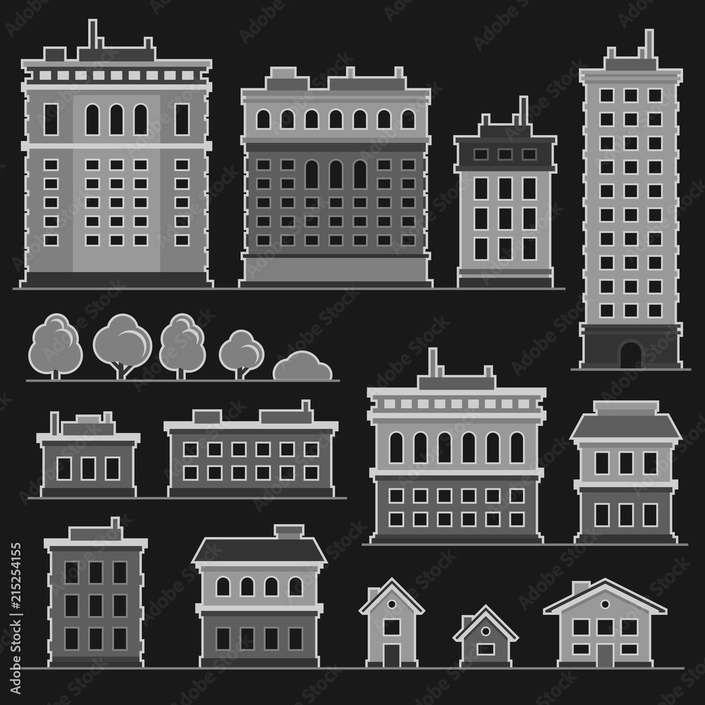 City Building in Monochrome Flat Style Icons Set. Vector