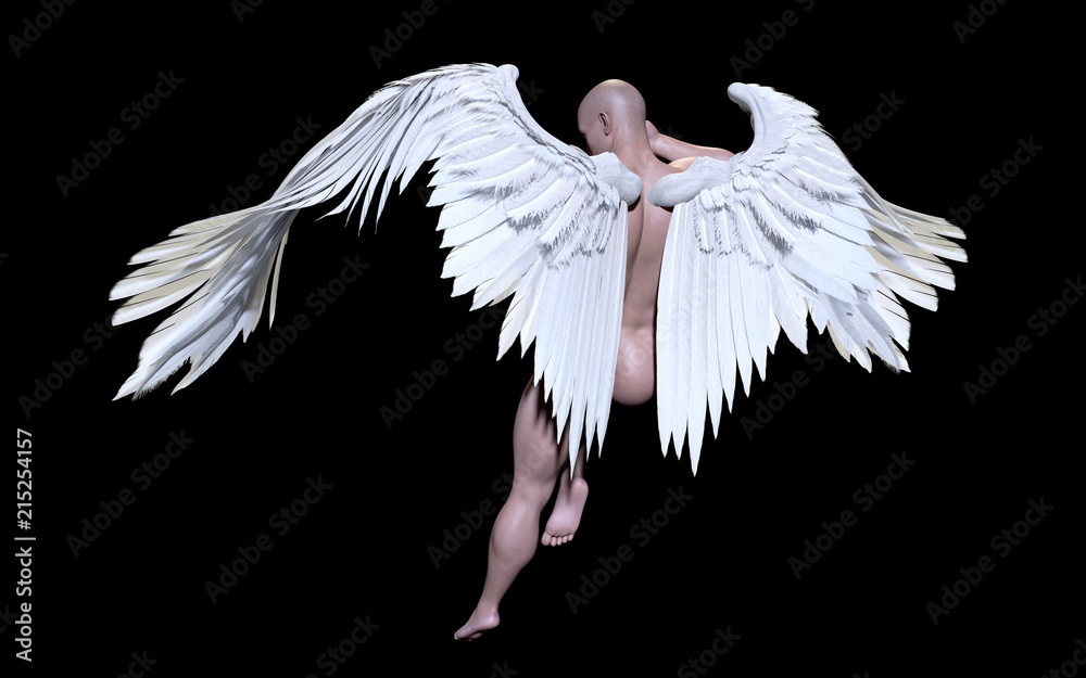 Fototapeta premium 3d Illustration Angel Wings, upierzenie białe skrzydło na białym na czarnym tle ze ścieżką przycinającą.