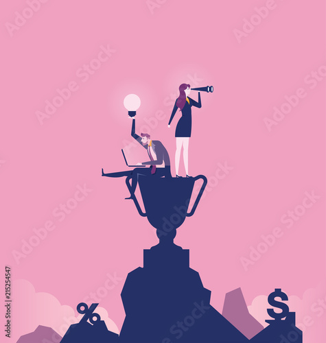 Business team standing on top mountain. Concept business vector illustration