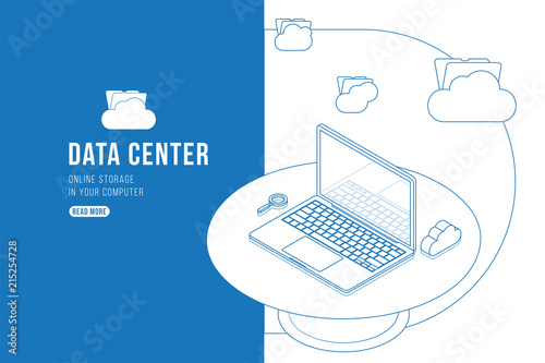 Outline drawing Data Center Isometric concept with online file storage, clouds and laptop. Flat 3d illustration EPS10