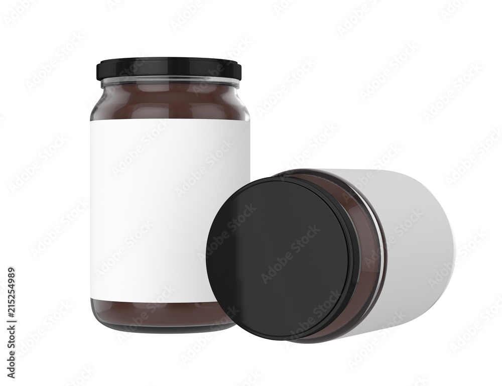 Pack of Glass jars with black cap filled with chocolate spread. Clipping path. Empty label. Pack of Glass jars with black cap filled with chocolate spread. Clipping path. Empty label.