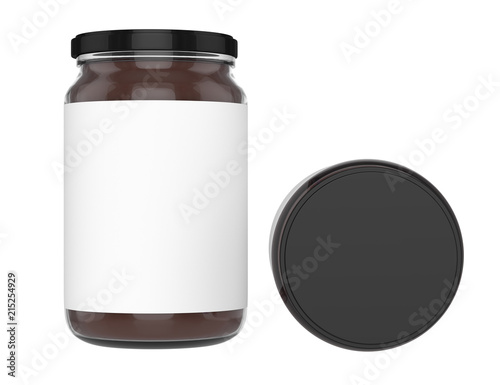 Pack of Glass jars with black cap filled with chocolate spread. Clipping path. Empty label.