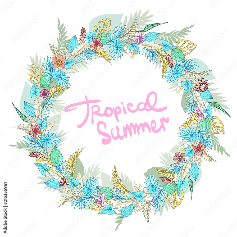 Summer tropical background with exotic palm leaves and plants. floral background.