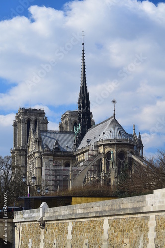The Cathedral of Notre Dame de Paris as seen from the Seine River in Paris, France