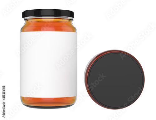 3D realistic render of honey jar mock-up. blank Label. Black lid.