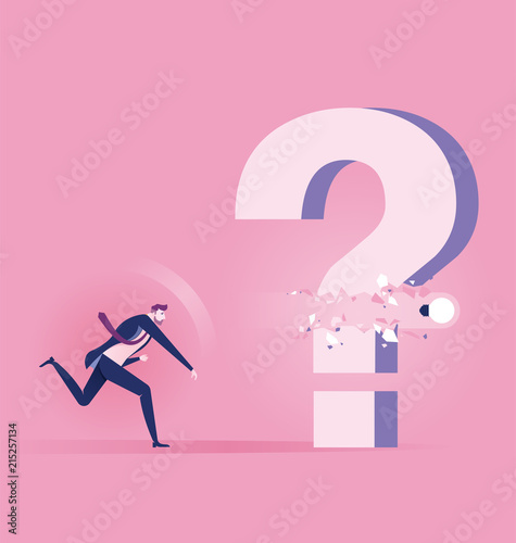 Businessman Throw light bulb to smash question mark sign. Concept achievement vector illustration