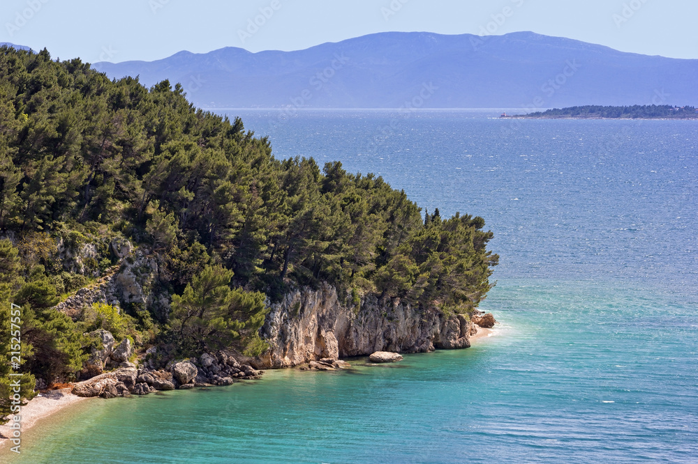 View to the mountain and beach, Adriatic Sea, Croatia.