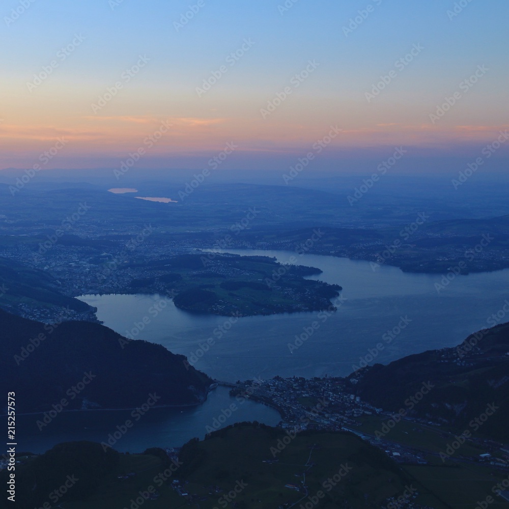 Nightfall over Lucerne, Switzerland. View from mount Stanserhorn.