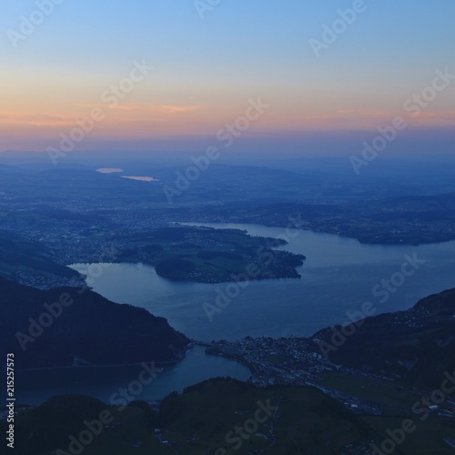 Nightfall over Lucerne, Switzerland. View from mount Stanserhorn.