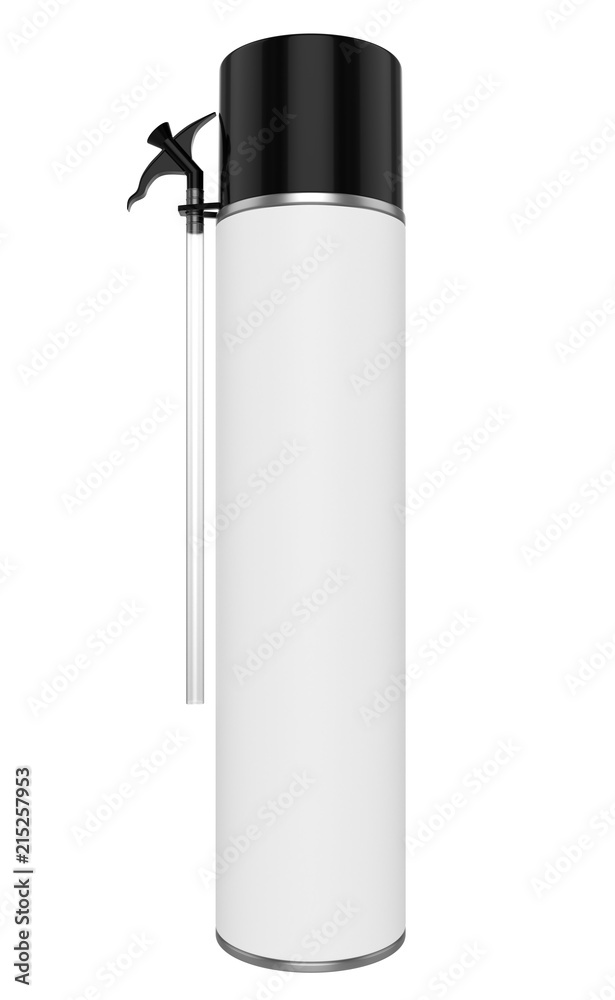 3D realistic render of big contstruction foam can. With black lid, black spray nozzle and transparent hose. Isolated on white background. 3D realistic render of big contstruction foam can. With black lid, black spray nozzle and transparent hose. Isolated on white background.