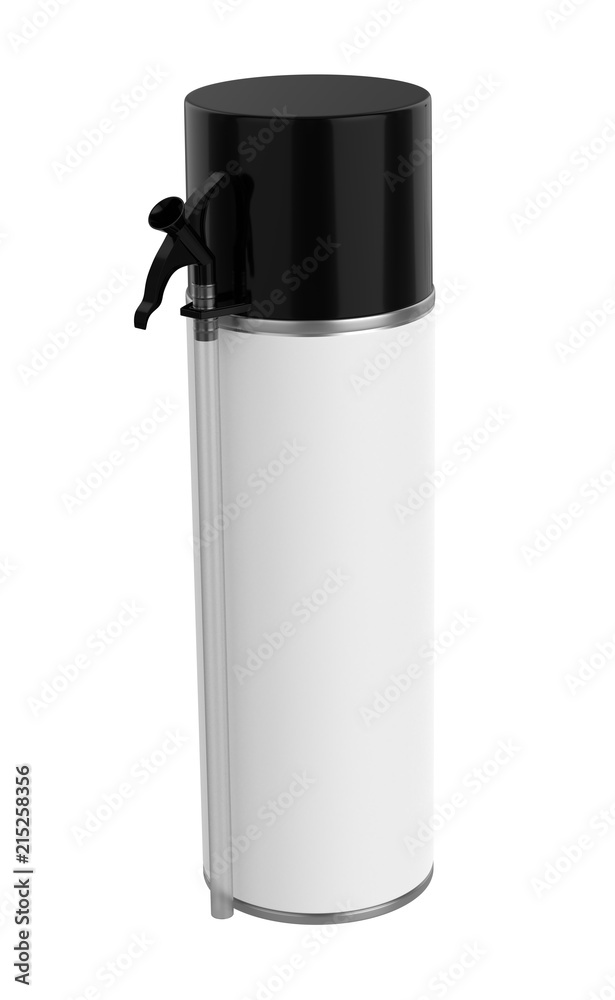 3D realistic render of small contstruction foam can. With black lid, black spray nozzle and transparent hose. Isolated on white background. 3D realistic render of small contstruction foam can. With black lid, black spray nozzle and transparent hose. Isolated on white background.