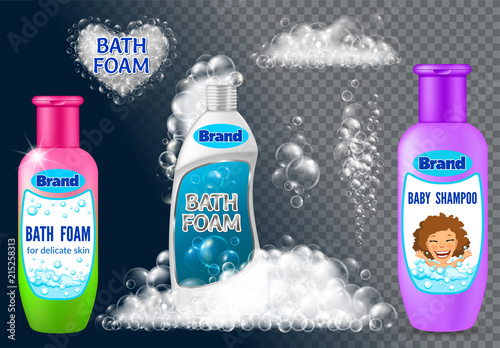 Set realistic bottle of  bath foam with transparent  soap bubbles. Isolated 3d vector illustration.