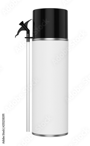 3D realistic render of small contstruction foam can. With black lid, black spray nozzle and transparent hose. Isolated on white background.