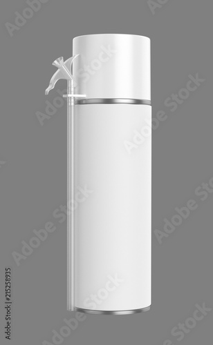 3D realistic render of small contstruction foam can. With white lid, transparent spray nozzle and transparent hose. Isolated on gray background.