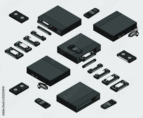 Isometric Vintage Black VCR with inserted cassette; Old Video Cassette Recorder with remote control and VHS tape shown from different sides flat design; 