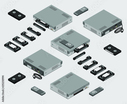 Isometric Vintage Gray VCR with inserted cassette; Old Video Cassette Recorder with remote control and VHS tape shown from different sides flat design