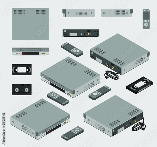 Isometric Vintage Gray VCR; Old Video Cassette Recorder with remote control and VHS tape shown from different sides flat design; 