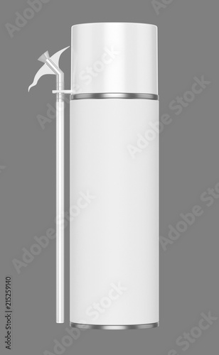 3D realistic render of small contstruction foam can. With white lid, transparent spray nozzle and transparent hose. Isolated on gray background.