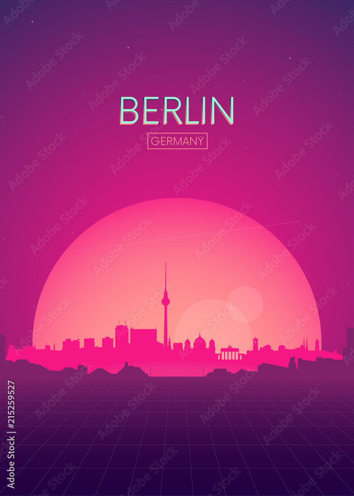 Obraz premium Podróże ilustracje wektory ilustracje, futurystyczny retro skyline Berlin