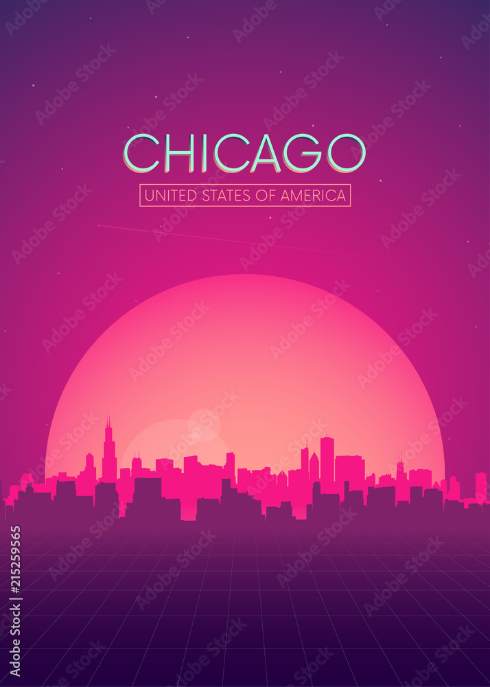 Travel poster vectors illustrations, Futuristic retro skyline Chicago