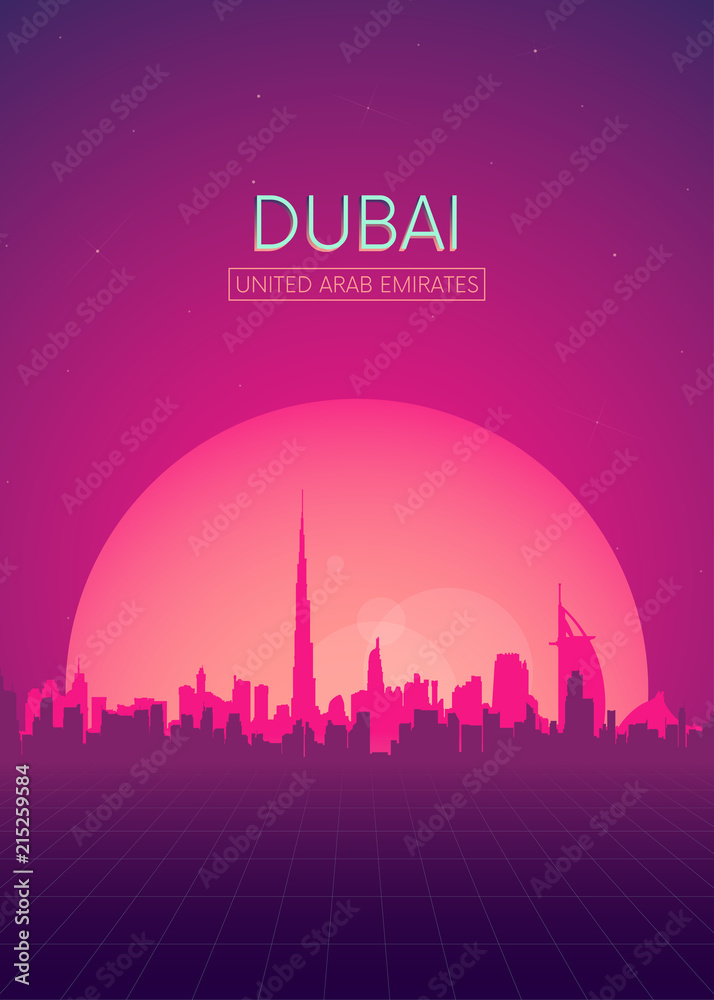 Obraz premium Podróże ilustracje wektory plakat, futurystyczny retro panoramę Dubaju