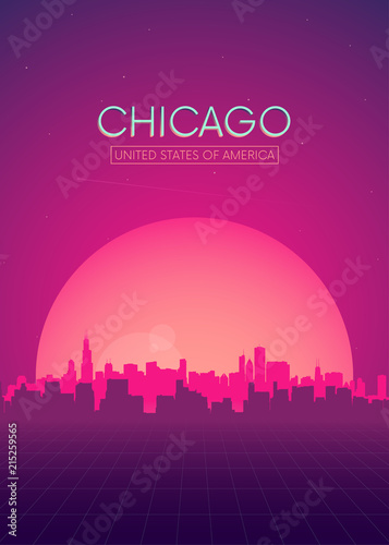 Travel poster vectors illustrations, Futuristic retro skyline Chicago