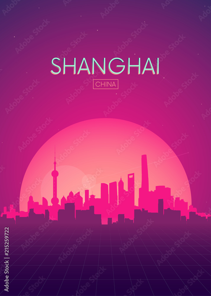 Fototapeta premium Podróże ilustracje wektorów plakat, futurystyczny retro skyline Szanghaju