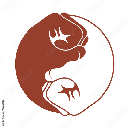  yin yang iconic symbol made with two red and white fists. Yin and yang opposites and unity chinese symbol