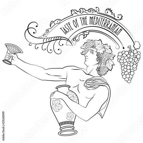 Dionysus Retro Poster. Vector illustration on which is depicted Dionysus advertising the Mediterranean way of life.