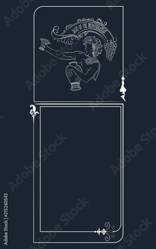 Dionysus Retro Label. Vector illustration depicting the god Dionysus in the frame of the flora.