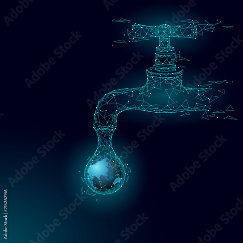 Save water low poly concept. Polygonal triangle ecology planet ocean sea safety banner. Water tap drop leak fix nature global environment care world day vector illustration