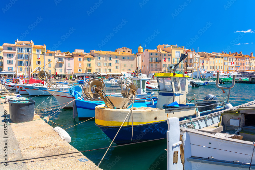 colorful harbor famous resort Saint Tropez on french riviera, cote d'azur, France