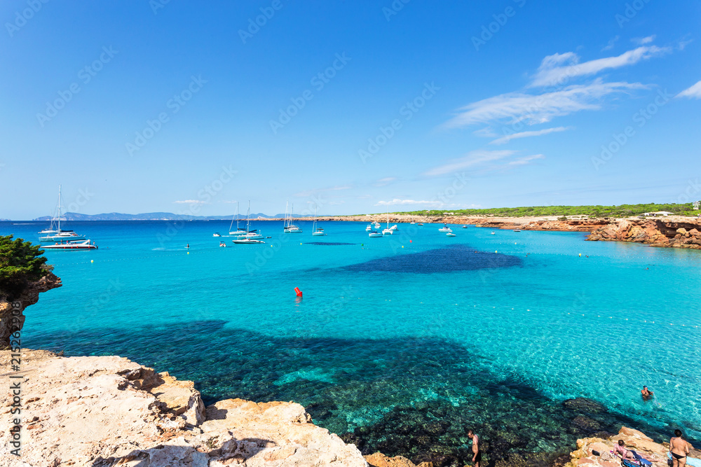 Idyllic beach of Cala Saona from high view angle, Formentera coastline in Balearic Islands, Spain