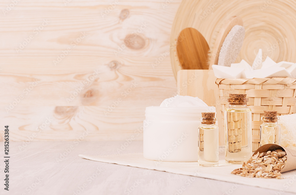 Fresh body and skin care spa cosmetics collection and natural bath accessories in beige wood bathroom. Fresh body and skin care spa cosmetics collection and natural bath accessories in beige wood bathroom.