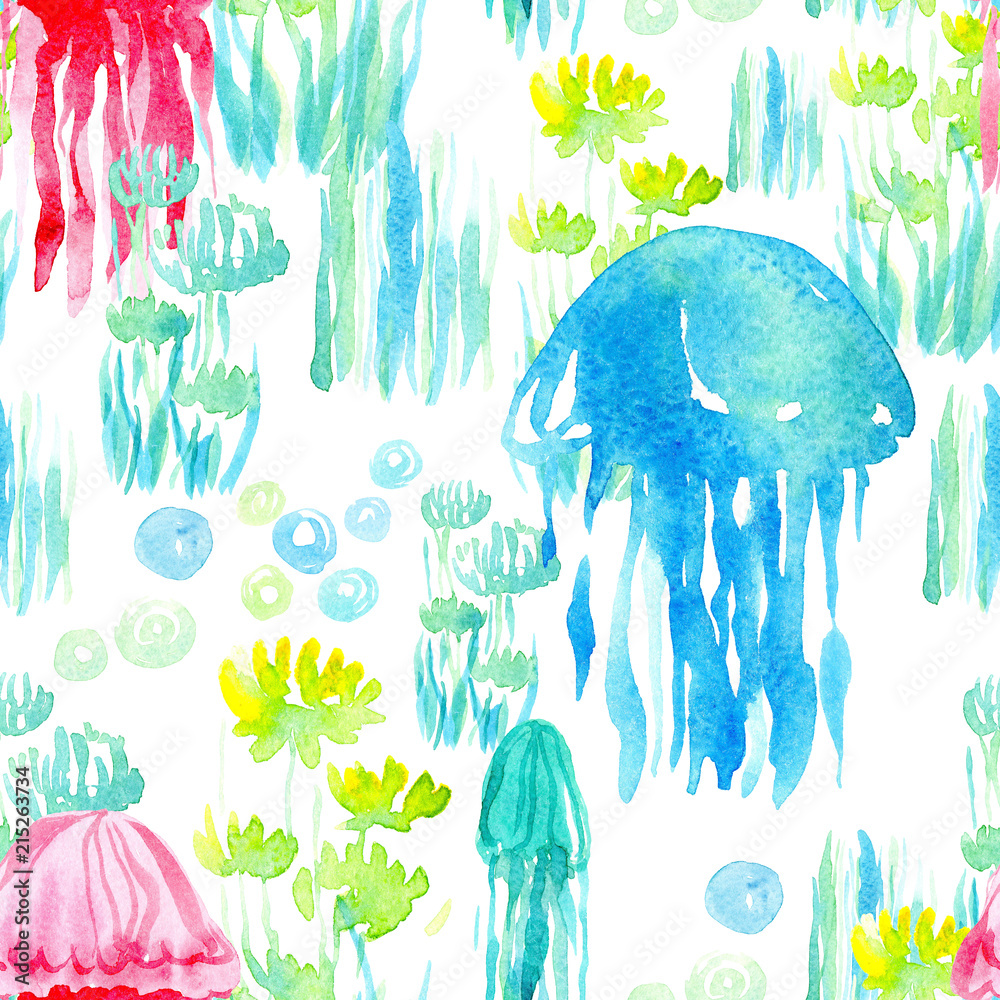 Fototapeta Illustration seamless pattern with watercolor marine life, colorful seaweed, jellyfish, bubbles