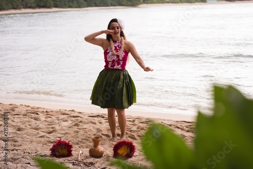 Hawaii hula dancer in costume dancing photo