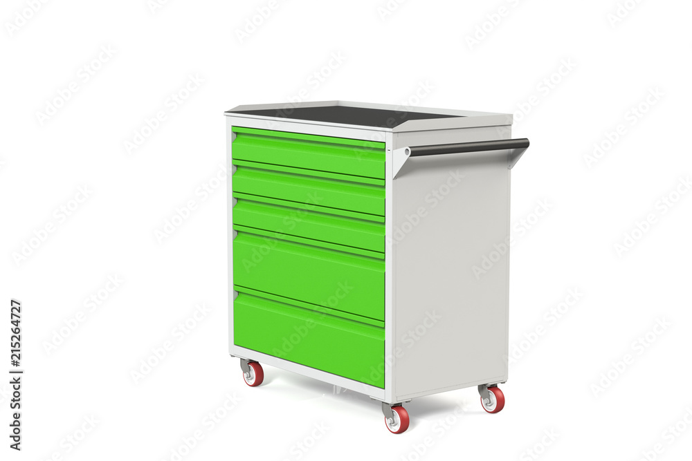 Metal tool cabinet on wheels with drawers. A convenient place for storing tools and spare parts. Metal furniture. 3D-model rendering of the table for shooting from above. Metal tool cabinet on wheels with drawers. A convenient place for storing tools and spare parts. Metal furniture. 3D-model rendering of the table for shooting from above.