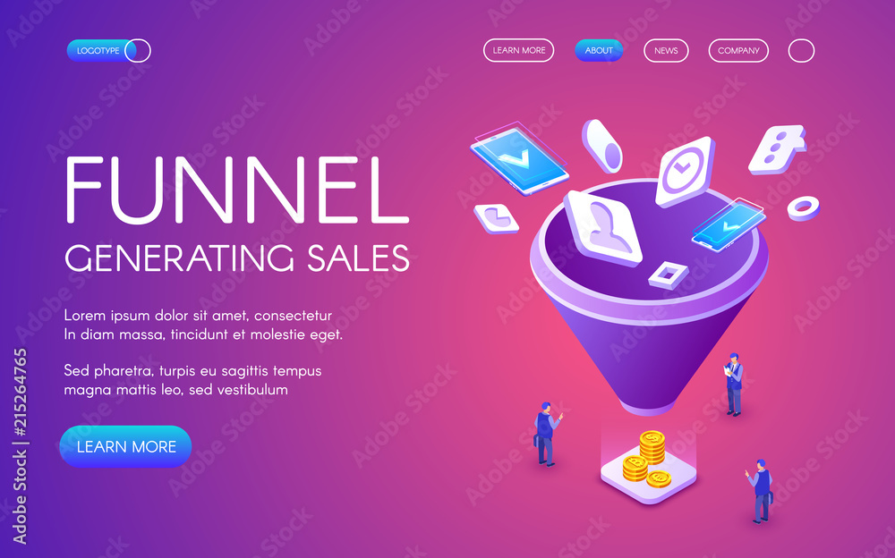 Funnel generation sales vector illustration for digital marketing and e-business technology. Businessman on trade with smartphones and money profit on purple ultraviolet background Funnel generation sales vector illustration for digital marketing and e-business technology. Businessman on trade with smartphones and money profit on purple ultraviolet background