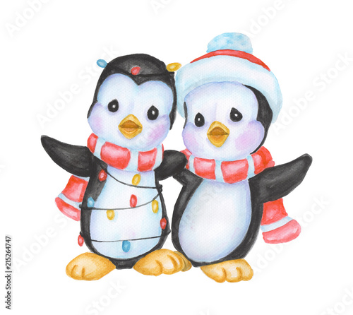 Watercolor penguins with a Christmas garland of light bulbs. New year illustration isolated on white background. For greeting postcard