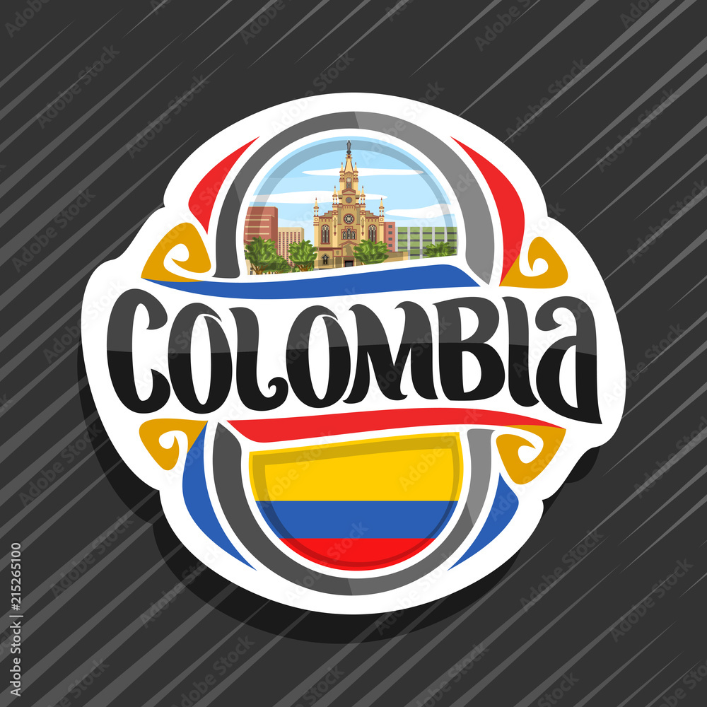 Vector logo for Colombia country, magnet with flag, original brush typeface for word colombia, national colombian symbol - Jesus Nazareno church in Medellin on cloudy sky background. Stock Vector
