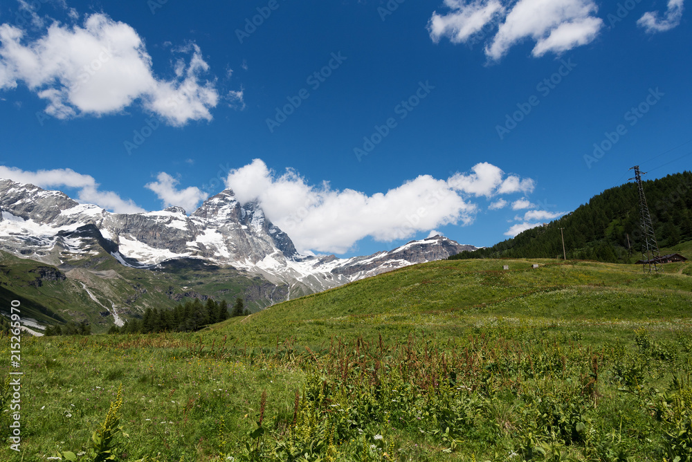 Mount Matterhorn in Alpine landscape, Alps, Italy.