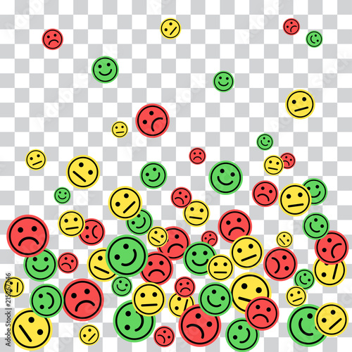 Falling colorful smileys on transparent background. Vector illustration