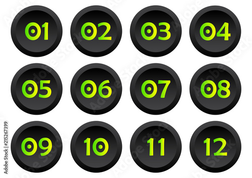 Set of buttons with numbers from 01 to 12. Vector illustration