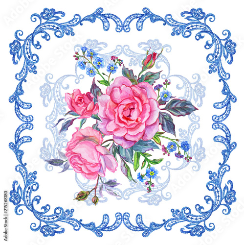 Bouquet of pink roses and forget-me-nots in a lace frame  watercolor drawing on a white background  isolated with clipping path. Decorative element with flowers and ornament for greeting cards  etc.