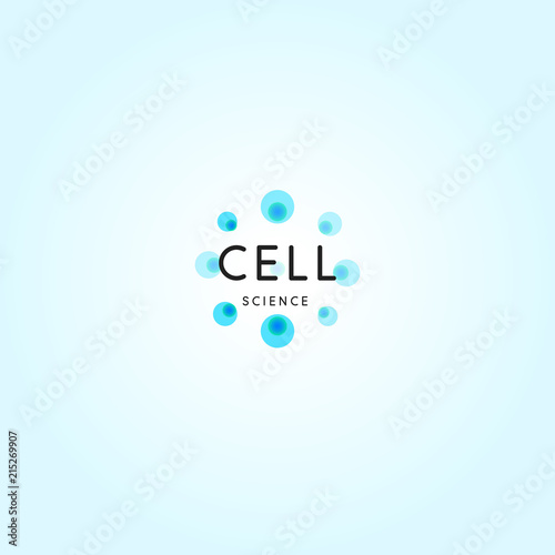 Cell abstract logo, science design element, round blue bubbles, isolated chemical logotype template on blue background.