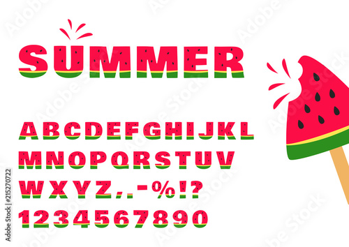 Watermelon font, summer alphabet and numbers. Vector illustration